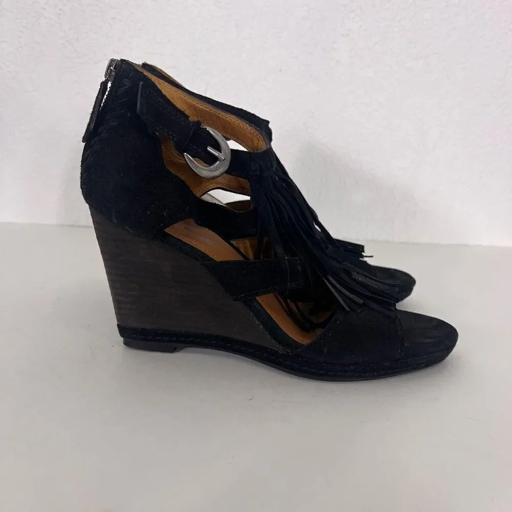 Trask‎ Black Leather Suede Fringe High Heel Wedges